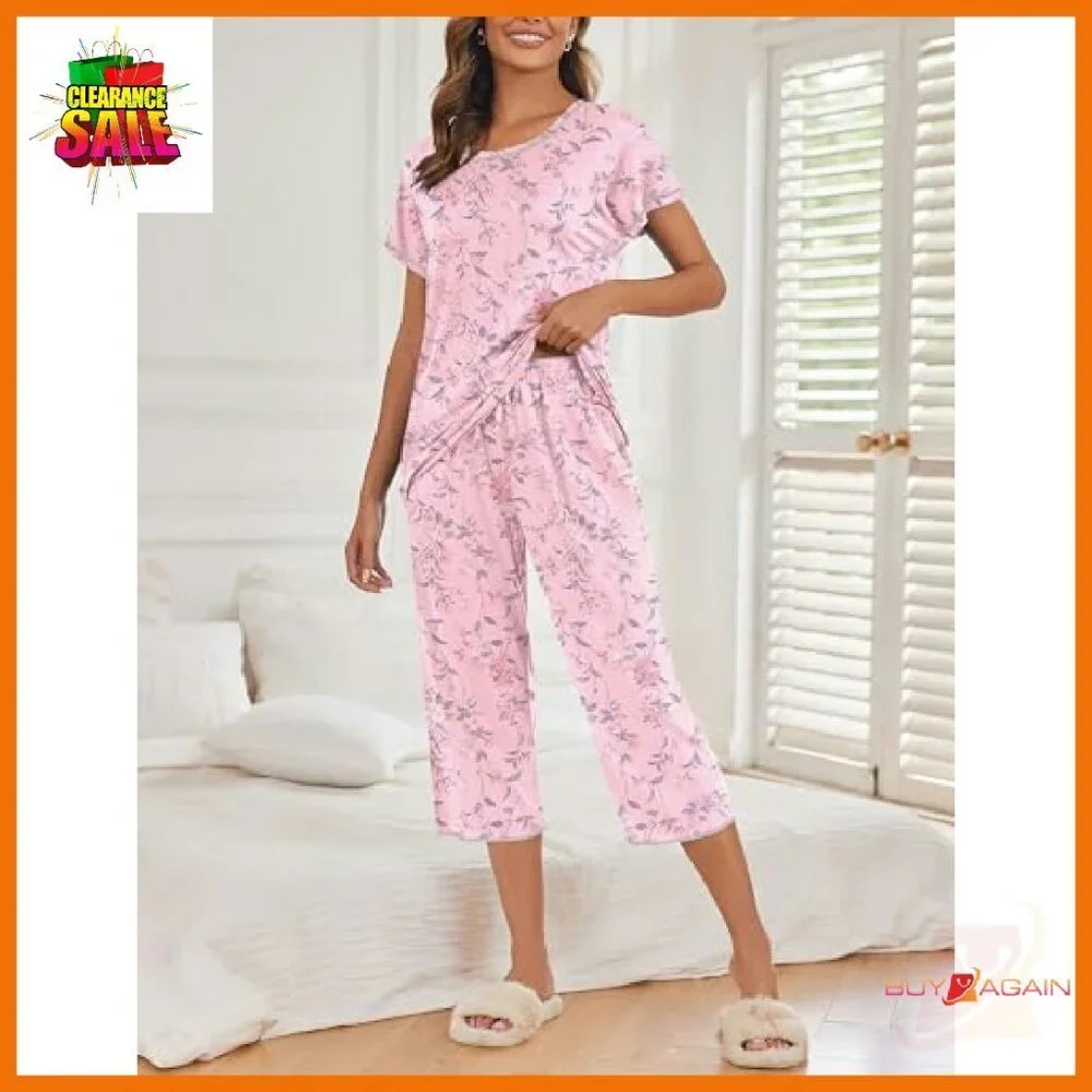 Soft Capri Pajama Set with Pocket, Short Sleeve Sleepwear, Loungewear - Picture 3 of 5